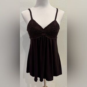 Y2K Vintage Crochet Babydoll Cami Top Medium Dark Brown Boho Whimsigoth Festival